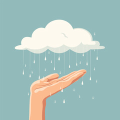 A hand catches raindrops from a cloud, minimalist style.
