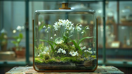   Vase with white flowers on wooden table near glass water case