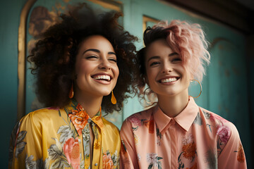 Joyful Female Models with Vibrant Colored Hair - obrazy, fototapety, plakaty