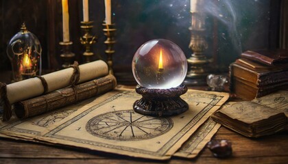 palmistry astrology session featuring a crystal ball and ancient manuscripts, captured , Astrology background - obrazy, fototapety, plakaty
