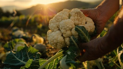 Ripe cauliflower in the planter with sunlight