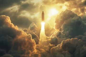 A rocket ascends through a dramatic cloudy sky, illuminated by the golden light of a setting sun.