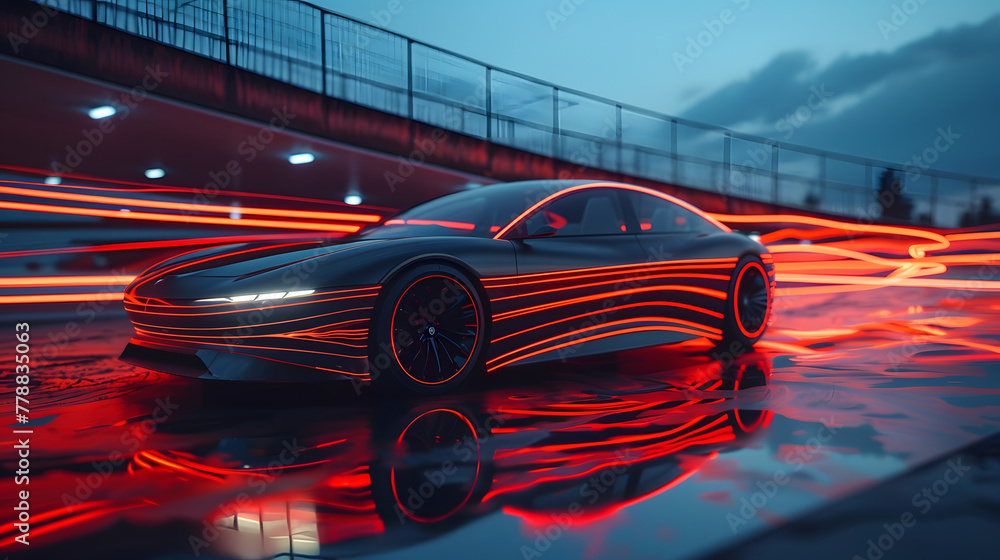 Poster a modern electric car with illuminated lines and energy waves pulsating from its frame