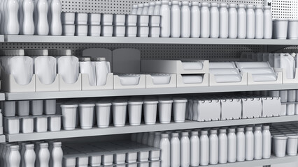 Retail shelves mockup with blank products in plastic packaging bottles, pouches, boxes. 3d illustration