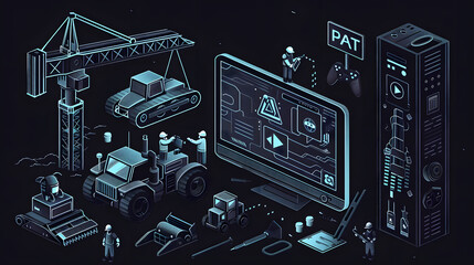 Fototapeta premium A monochrome vector illustration of small coders constructing a digital platform on and around a gaming console