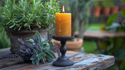   A lit candle rests atop a wooden table, beside a potted plant and another