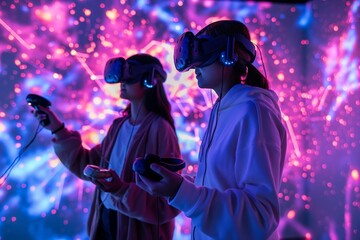 Two people engaged in an immersive VR game, surrounded by vibrant neon lights.