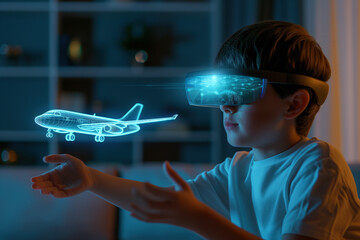 A young boy wearing augmented reality goggles at home controls a holographic model of an aeroplane using gestures. VR education, spatial computer concept