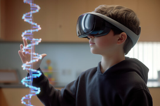 With a VR headset, a schoolboy experiences an innovative biology lesson, engaging with a holographic DNA spiral through spatial computing and augmented reality