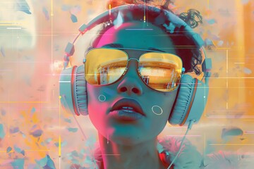 A colorful portrait of a person with headphones and sunglasses, evoking a sense of modern music immersion.