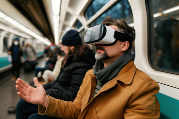 Seated on public transport, a middle-aged man immersed in augmented reality via his VR headset interacts with invisible spatial technology.