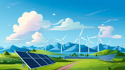 solar panels and wind turbines under blue sky on summer landscape
