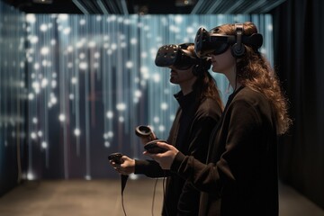 Two individuals engaging with virtual reality technology in a room with illuminated background.