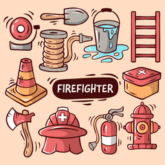 Firefighter Cute Cartoon Doodle Illustration