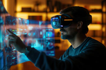 Engaged in augmented reality, a man wearing VR goggles explores spatial computing, manipulating holographic interfaces with hand gestures. 