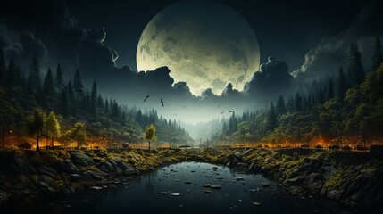 Mystical Moonlit Night Landscape with Forest and Reflective River - obrazy, fototapety, plakaty