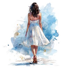 vintage style, bright watercolor ,avatar illustration, minimalist a girl beautiful dress ,
