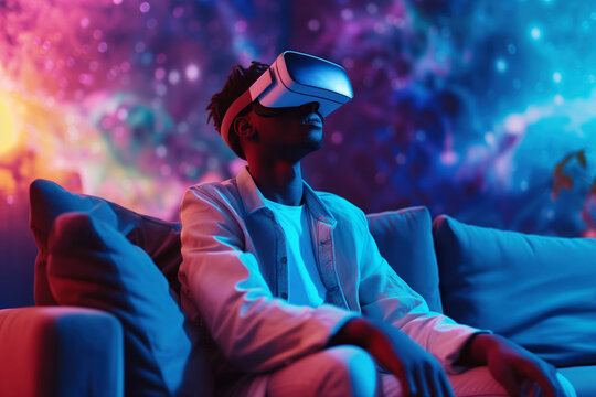 African American man with VR headset sits on a sofa, engrossed in a cosmic augmented reality experience. Black man immersed in virtual reality spatial video entertainment, looks at the galaxy in AR.
