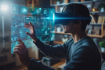 Utilizing spatial technology, a focused man wearing VR headset expertly navigates through augmented reality projections and controls virtual data via gestures.