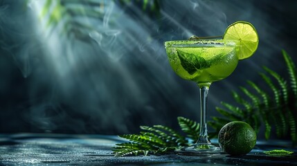 Lime and fern leaf in a green cocktail over a darker, smoky setting, indicated by light beams lovely shot and space, Generative AI. - obrazy, fototapety, plakaty