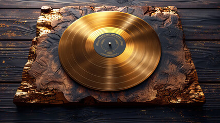 A chic vinyl record icon, detailed in gold on a backdrop of dark walnut texture, ideal for a classic music player app or a vintage record collection database 