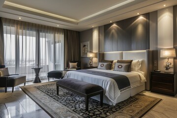 Luxurious and modern hotel room interior with stylish furniture and high-class accessories