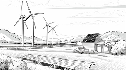 solar panels and wind turbines under blue sky on summer landscape

