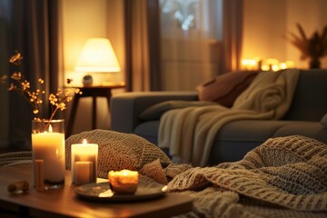 Creating cozy ambiance: hotel room decor with soft blankets, fluffy pillows, and relaxing lighting
