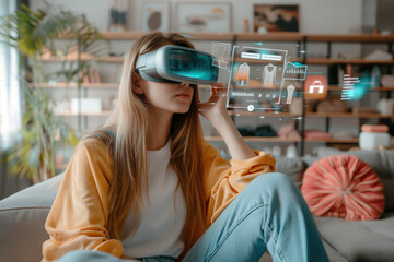 A young woman explores posibities of her new spatial VR headset, interacting with a digital augmented reality interface in a modern living room.