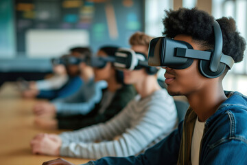 A group of diverse students engages with virtual learning using VR headsets in a modern classroom setting.