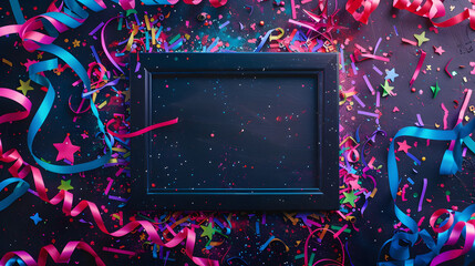 A photo of an empty matte black picture frame surrounded by neon confetti and streamers in bright colors like hot pink