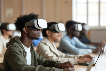 Students in a classroom wear virtual reality headsets, deeply focused on an immersive educational experience. 