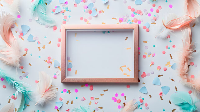 A photo of an empty rose gold picture frame surrounded by confetti and streamers in pastel colors including lavender