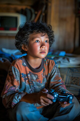 A boy is playing a video game with a face of concentration