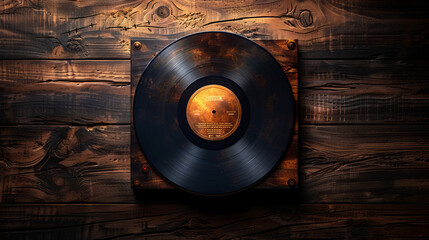 A chic vinyl record icon, detailed in gold on a backdrop of dark walnut texture, ideal for a classic music player app or a vintage record collection database 