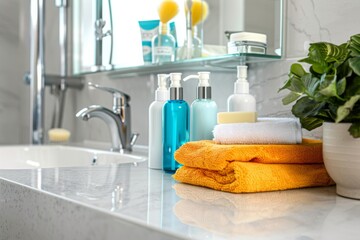 Neatly arranged sink with various soap and facial care products, towels - beauty and care concept