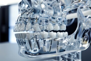 Transparent jaw model with dental implants and innovative tools for advanced dentistry practices