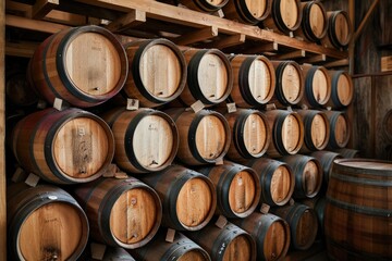 A row of wooden barrels stacked on top of each other. The barrels are all different sizes and are made of wood