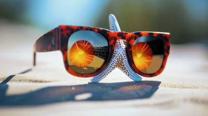 Fotobehang A cute starfish wearing total solar eclipse sunglasses © MEHDI