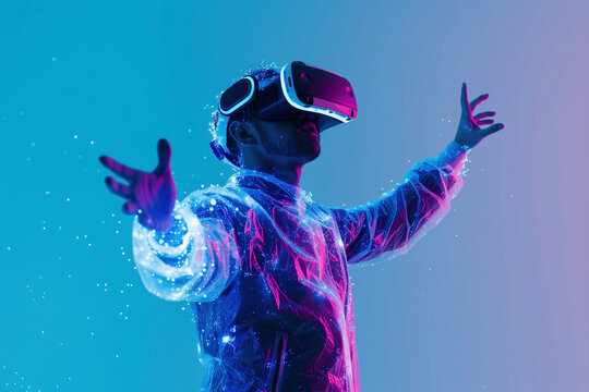 A man in a futuristic jacket reaches out, immersed in a virtual reality world, with a VR headset and neon lights.