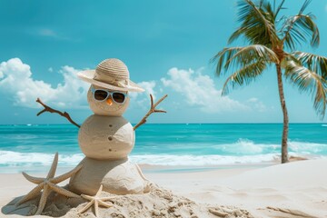 A snowman made of sand, wearing sunglasses and straw hat in the beach background
