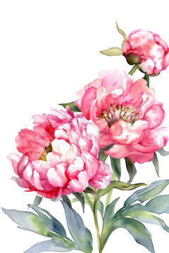 Watercolor greeting card, pink peonies on white background with copy space