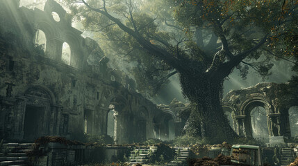 Giant World Tree In Old Ruins Medieval Fantasy Landscape Background - obrazy, fototapety, plakaty