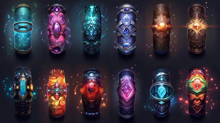 Set of magic medieval armour, armband for game. with different designs on dark background.