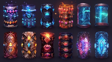 Set of magic medieval armour, armband for game. with different designs on dark background.