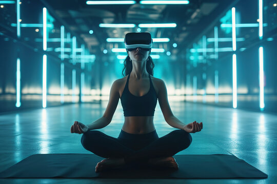 A woman sits cross-legged in a cyber space, immersed in VR yoga, with blue neon lights enhancing the futuristic ambiance. - Powered by Adobe