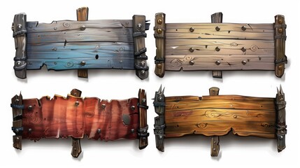 Wooden title banners set for epic game design on white background