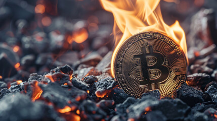 Bitcoin cryptocurrency coin with burning fire background. Cryptocurrency concept. - obrazy, fototapety, plakaty