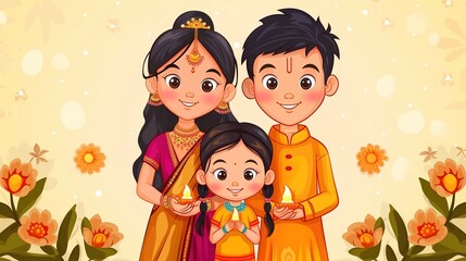 Obraz premium indian family in temple celebrating gudi padwa, ugadi