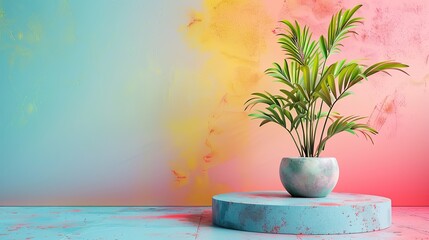 Green Potted Plant on Pastel Colored Backdrop for Modern Home and Office Decor